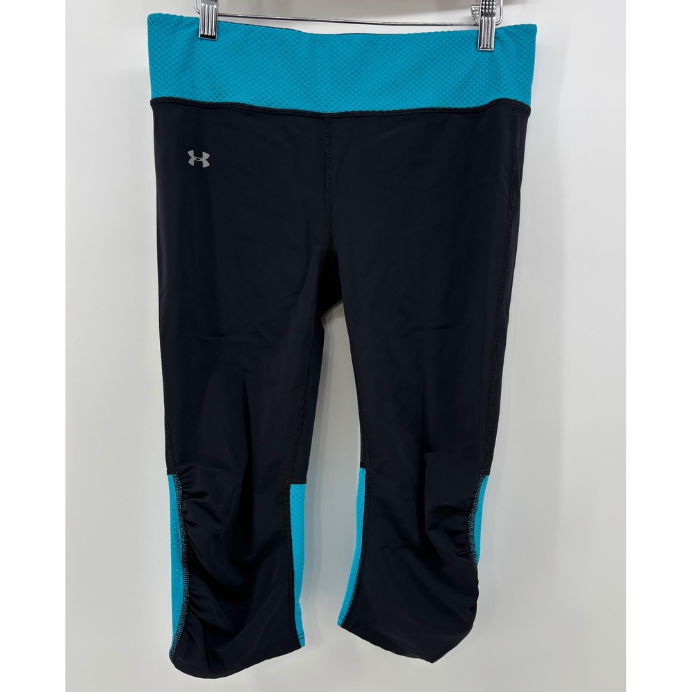 Under Armour Fly By Compression Capri Leggings Women's Large Black Blue HeatGear